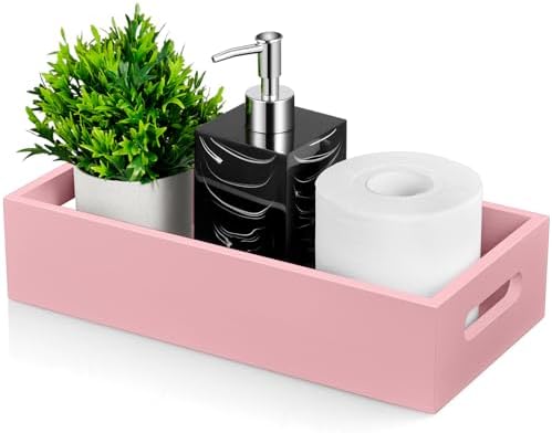 ALELION Pink Bathroom Basket for Organizing - Wooden Toilet Tank Paper Basket with Handle for Back of Toilet Tank Top Organizer - Pink Kitchen Bathroom Decor Accessories