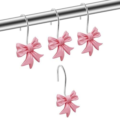 Bow Knot Decorative Shower Curtain Hooks, 12pcs Pink Cute Art Deco Resin Rust Resistant Hooks Glide Shower Ring Hangs Holder Bling for Girl Bathroom Baby Room Nursery