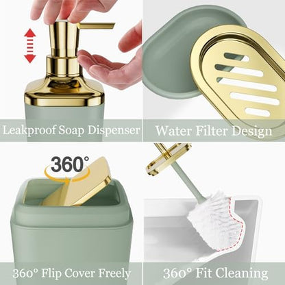 XLHOMO Bathroom Set - Sage Green Bathroom Accessories Set, Bathroom Sets with Shower Curtain and Rugs, Sage Green Shower Curtain Set with Bathroom Trash Can, Soap Dispenser, Soap Dish for Home Decor