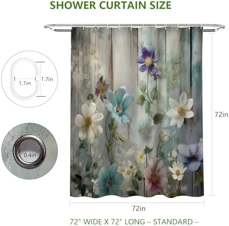 MEHOFOND Rustic Farmhouse Shower Curtain, Colorful Flowers Shower Curtains,Farm Teal Floral on Country Wooden Shower Curtain,Country Blue Wild Garden Plant Fabric Curtains for Bathroom 72x 72 inch