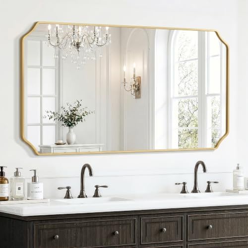 Delma Bathroom Vanity Mirror, Gold Framed Aluminum Bathroom Mirror for Over Sink, Scalloped Round Corner Wall Mirror, High-Definition Vanity Mirror, Hangs Horizontally or Vertically (30x55,Gold)