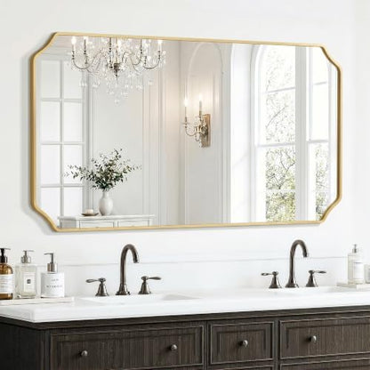 Delma Bathroom Vanity Mirror, Gold Framed Aluminum Bathroom Mirror for Over Sink, Scalloped Round Corner Wall Mirror, High-Definition Vanity Mirror, Hangs Horizontally or Vertically (30x55,Gold)
