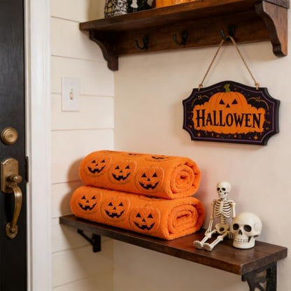 2 Pack Halloween Hand Towels 100% Cotton Jacquard ack-O'-Lantern Halloween Kitchen Towels White Bathroom Towels Set Seasonal Bathroom Decor (Orange ack-O'-Lantern)