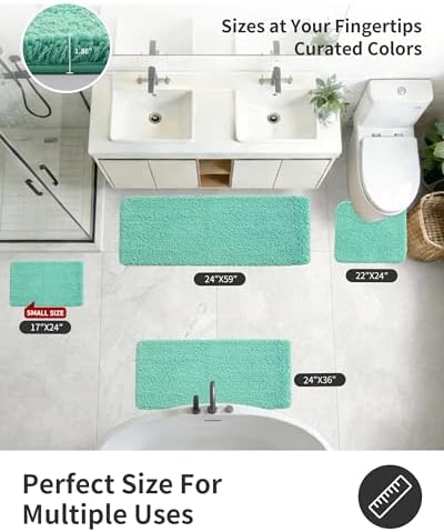 ILANGO Spa Blue Bathroom Rugs 24" × 17" Small Non Slip & Super Absorbent Extra Thick Soft, Washable Bath Mat for Floor, Microfiber Plush Shaggy Bath Rug with Rubber for Bathtub Shower Room Sink