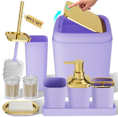 XLHOMO Bathroom Accessories Set - Luxury Purple Bathroom Set, 9 Pieces Bathroom Accessory Set, Purple Bathroom Accessories with Trash Can, Toilet Brush & Soap Dispenser