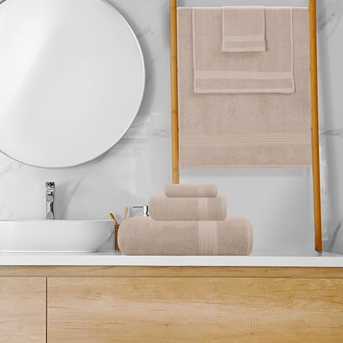GLAMBURG Ultra Soft 8-Piece Towel Set - 100% Pure Ringspun Cotton, Contains 2 Oversized Bath Towels 27x54, 2 Hand Towels 16x28, 4 Wash Cloths 13x13 - Ideal for Everyday use, Hotel & Spa - Tan