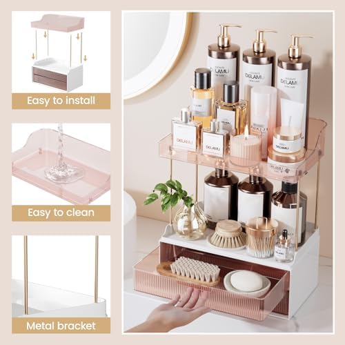 Delamu 4-Tier Makeup Organizer, Bathroom Counter, 2 Drawers, Grapefruit