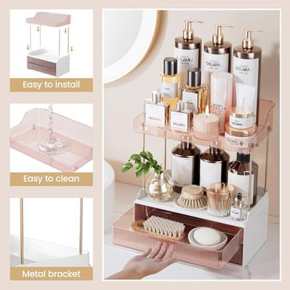 Delamu 4-Tier Makeup Organizer, Bathroom Counter, 2 Drawers, Grapefruit