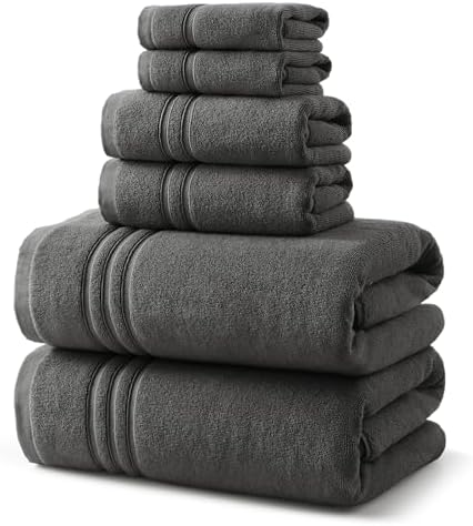 REDKISS Dark Gray Towels Set 6 Piece Cotton Towel Sets with 2 Bath Towels, 2 Hand, 2 Washcloths, 650GSM Hotel Quality, Soft, Highly Absorbent Towels for Bathroom Gym, Ideal Everyday Use