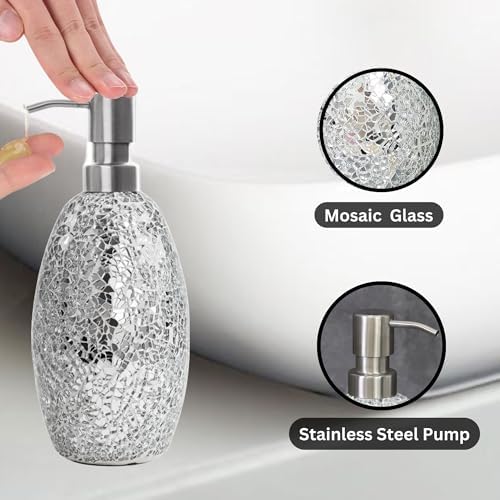 Escenzy Silver Bathroom Accessories Set 4 Pcs | Handcrafted Mosaic Glass Soap Dispenser, Toothbrush Holder, Cotton Jar, Soap Tray | Luxury Silver Glitter Bathroom Decor | Glam Home Gift