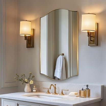 ANDY STAR Rectangle Scalloped Mirror, 24"x40" Brushed Gold Bathroom Mirror in SUS304 Stainless Steel Metal Frame, Brass Vanity Mirror with Unique Arched Top Design