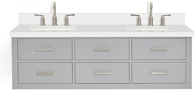 ARIEL Hutton 60-inch Bathroom Vanity with Sink,Solid Wood, 1.5-inch Pure White Quartz Countertop & Backsplash, Double Rectangular Porcelain Sink, 3 Dovetail Drawers, Grey