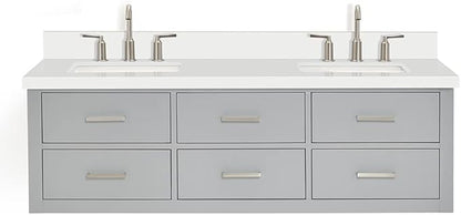ARIEL Hutton 60-inch Bathroom Vanity with Sink,Solid Wood, 1.5-inch Pure White Quartz Countertop & Backsplash, Double Rectangular Porcelain Sink, 3 Dovetail Drawers, Grey
