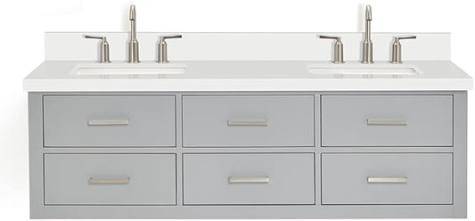 ARIEL Hutton 60-inch Bathroom Vanity with Sink,Solid Wood, 1.5-inch Pure White Quartz Countertop & Backsplash, Double Rectangular Porcelain Sink, 3 Dovetail Drawers, Grey