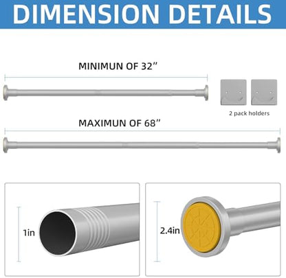 CorkLatta Matte Silver Shower Curtain Rod,1 Inch Diameter Stainless Steel Adjustable Spring Tension Rods 32 to 68",with Holders,Anti-Slip,Curtain Rods No Drilling(1 Pack)