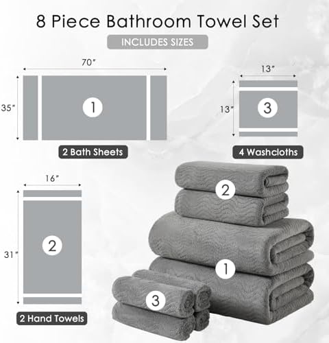 8 Piece Bath Towel Set Grey |2 Oversized Large Bath Sheet,2 Hand Towels,4 Washcloths| Ultra Soft Cozy Bath Towel Set for Bathroom Hotel Gym Spa,Highly Absorbent & Quick Dry Bathroom Towel Collections