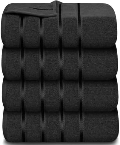 Luxury Bath Towels Set of 4, 27x54 Inches 600GSM 100% Cotton Ring Spun – Daily Use Highly Absorbent Viscose Stripe Bath Towel Sets for Bathroom, Hotel, Spa (Black)