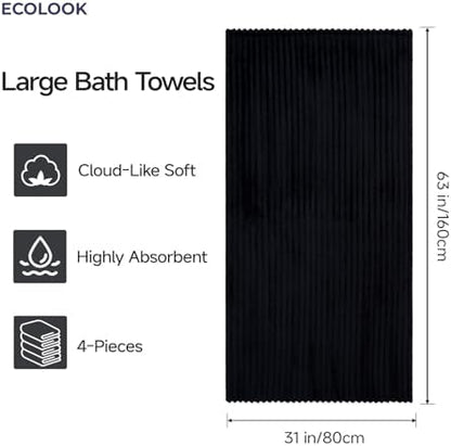 ecolook Black Bath Towel Set of 4, 31 x 63 in, Soft and Highly Absorbent, Lightweight Microfiber Towels for Bathroom, Gym, Hotel and Spa