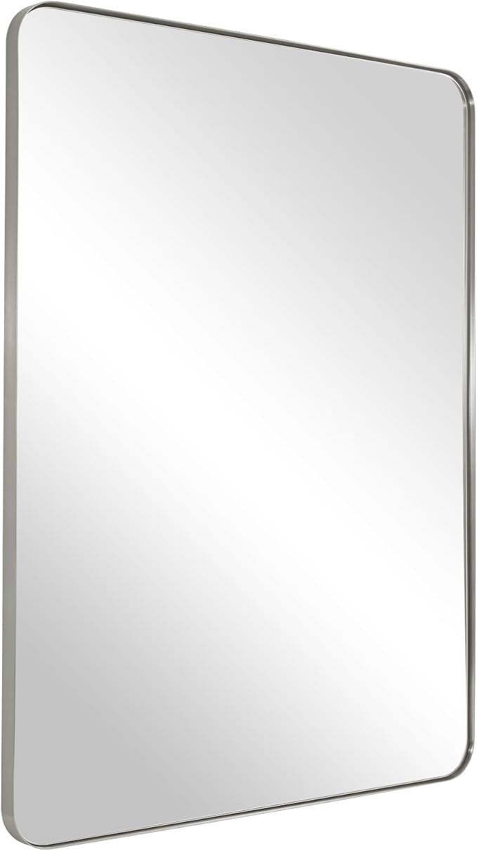 Brushed Nickel Mirror for Wall, 20”x28” Silver Rectangle Bathroom Mirror, Modern Metal Mirror in Rounded Corner Stainless Steel Frame, 1’’ Deep Set Design Hangs Horizontal Or Vertical