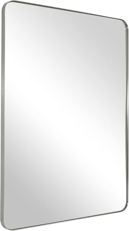 Brushed Nickel Mirror for Wall, 20”x28” Silver Rectangle Bathroom Mirror, Modern Metal Mirror in Rounded Corner Stainless Steel Frame, 1’’ Deep Set Design Hangs Horizontal Or Vertical