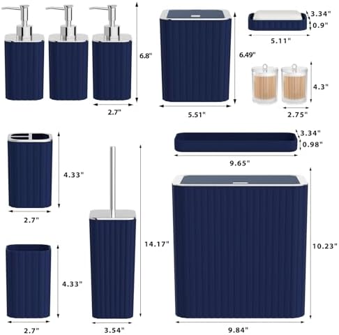 Bathroom Accessory Set - Bathroom Set, 27PC Bathroom Accessories Set, Navy Blue Bathroom Sets with Shower Curtain and Rugs, Mini Trash Can, Toilet Brush, Trash Can & Soap Dispenser