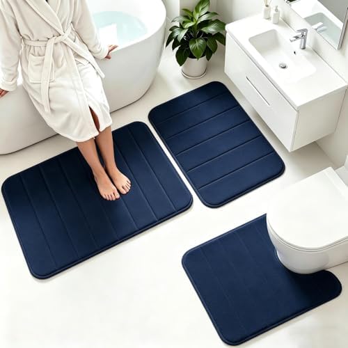 Memory Foam Bath Mat Set 3 Piece，Super Soft Absorbent Bathroom Rug Non Slip, Quick Dry,Machine Wash, Perfect Plush Bathroom Rugs,Home Decor Accessories,Navy Blue