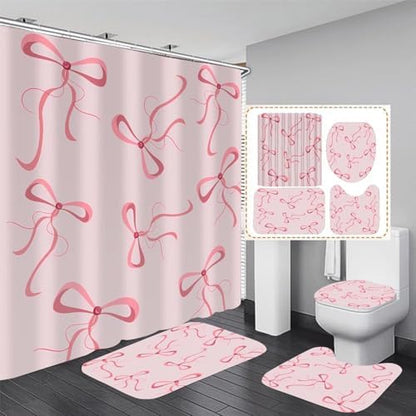 AZHM 4pcs Pink Bow Bathroom Shower Curtain Set with Rugs and Accessories