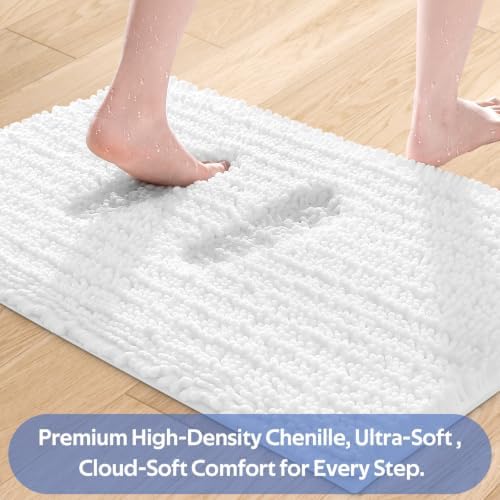 ACCUMTEK Upgrade Extra Large White Bathroom Rug Set 3 Pieces Ultra Soft, Thick Absorbent Bath Mats, Non Slip Chenille Toilet Mat for Bathroom, Bedroom, Kitchen