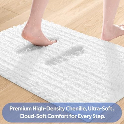 ACCUMTEK Upgrade Extra Large White Bathroom Rug Set 3 Pieces Ultra Soft, Thick Absorbent Bath Mats, Non Slip Chenille Toilet Mat for Bathroom, Bedroom, Kitchen