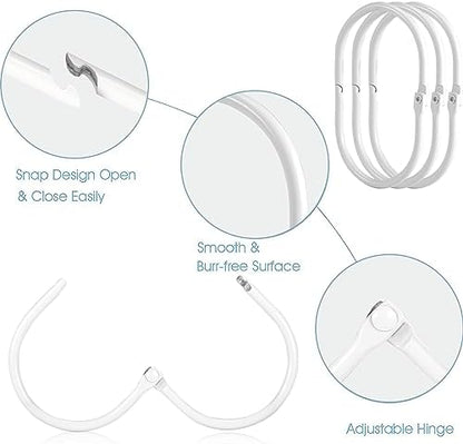 Goowin 24 Pcs Shower Curtain Rings, Shower Curtain Hooks, Oval Snap Shower Rings for Curtain, Metal Shower Curtain Rings Rust Proof, Glide Smoothly Shower Hooks for Shower Curtain Rod (White)