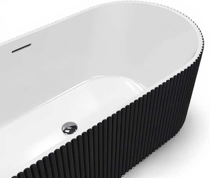 67" Freestanding Bathtub, Acrylic Soaking Tub with V Shape Pleated Design, Chrome Drain & Classic Slotted Overflow, CUPC Certified, Black and White for Modern Bathroom