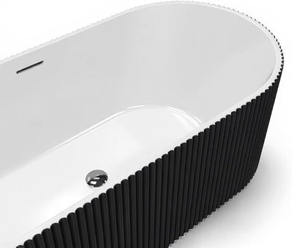67" Freestanding Bathtub, Acrylic Soaking Tub with V Shape Pleated Design, Chrome Drain & Classic Slotted Overflow, CUPC Certified, Black and White for Modern Bathroom