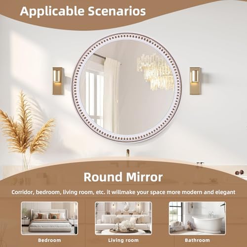 24 Inch Round Wall Mirror, Rustic Farmhouse Wooden Mirrors for Bathroom
