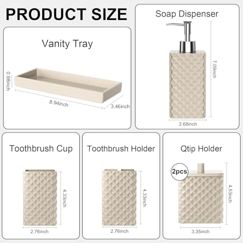 Bathroom Accessories Set Resin 6PCS, Square Toothbrush Holders Set Complete with Soap Dispenser, Vanity Tray, Tumbler, Cups and Cotton Swab Jars (Beige Diamond, Resin Bath 6 PCS)
