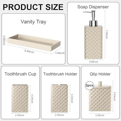 Bathroom Accessories Set Resin 6PCS, Square Toothbrush Holders Set Complete with Soap Dispenser, Vanity Tray, Tumbler, Cups and Cotton Swab Jars (Beige Diamond, Resin Bath 6 PCS)