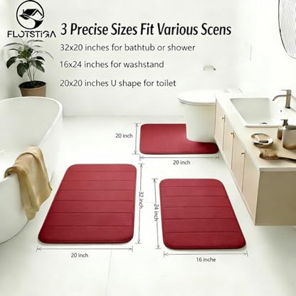 Memory Foam Bath Mat Set 3 Piece，Super Soft Absorbent Bathroom Rug Non Slip, Quick Dry,Machine Wash, Perfect Plush Bathroom Rugs,Home Decor Accessories,Burgundy