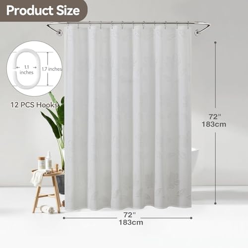 Onalasyc Floral Shower Curtain, Lace Floral Shower Curtains for Bathroom, White Sheer Shower Curtain, Flower Plants Bathroom Decor Waterproof Shower Cutain, 12 Pcs Plastic Hooks, 72 in x 72 in