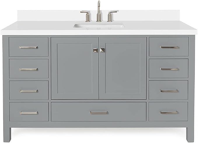 ARIEL Cambridge 60-inch Bathroom Vanity with Sink,Solid Wood, 1.5-inch Pure White Quartz Countertop & Backsplash, Single Rectangular Porcelain Sink, 2 Soft Closing Doors, 9 Dovetail Drawers, Grey