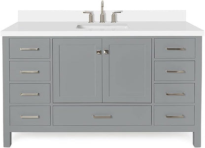 ARIEL Cambridge 60-inch Bathroom Vanity with Sink,Solid Wood, 1.5-inch Pure White Quartz Countertop & Backsplash, Single Rectangular Porcelain Sink, 2 Soft Closing Doors, 9 Dovetail Drawers, Grey