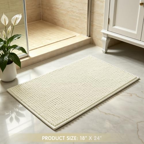 SUBRTEX Bathroom Rugs Chenille Bath Rug Soft Short Plush Bath Mat Soft Shower Mat Water Absorbent Shower Mat Quick Dry Machine Washable(Cream White,18" x 24")