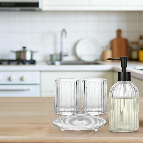 Glass Bathroom Accessories Set, 4Pcs Bathroom Accessories Sets Complete Lotion Soap Dispenser, Toothbrush Holder, Mouthwash Cup, Soap Dish for Bath Decor, Countertop Vanity Organizer (Clear)