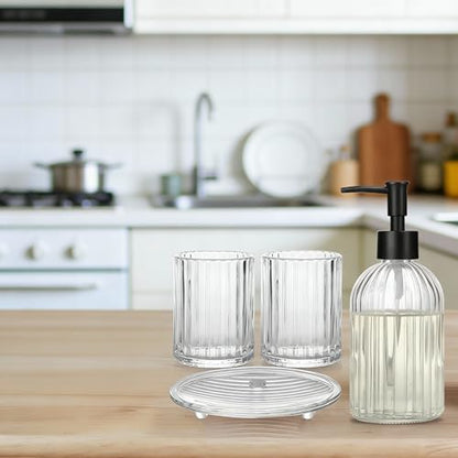 Glass Bathroom Accessories Set, 4Pcs Bathroom Accessories Sets Complete Lotion Soap Dispenser, Toothbrush Holder, Mouthwash Cup, Soap Dish for Bath Decor, Countertop Vanity Organizer (Clear)
