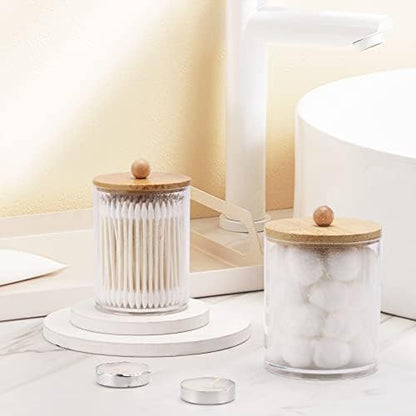 Tbestmax 4 Pack Qtip Holder Dispenser Cotton Ball, Cotton Swab, Floss - 12oz, 10 oz Clear Plastic Apothecary Jars for Bathroom Organizer and Storage Containers (Bamboo Lids)