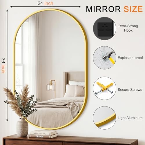 Oval Bathroom Mirror, 24"x36" Gold Vanity Mirror for Over Sink
