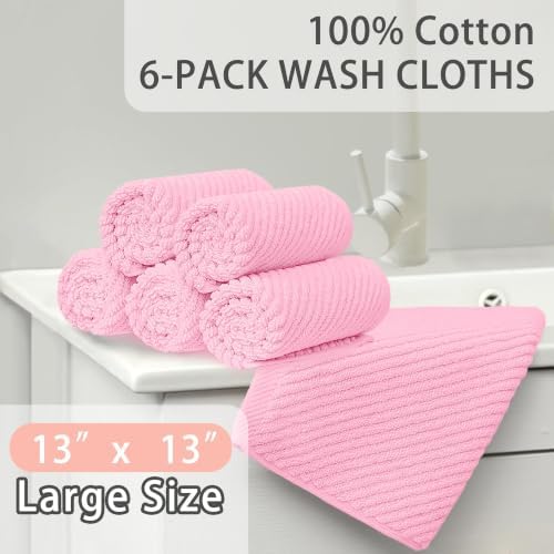 VOOVA & MOVAS Face Towels 6PC, 100% Cotton, 13x13 in, Baby Pink