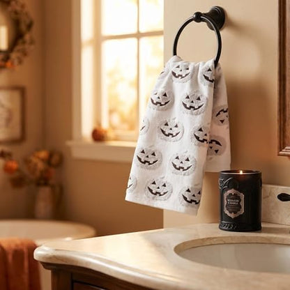 2 Pack Halloween Hand Towels 100% Cotton Jacquard ack-O'-Lantern Halloween Kitchen Towels White Bathroom Towels Set Seasonal Bathroom Decor (White ack-O'-Lantern, Halloween)
