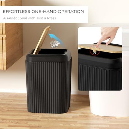 Black Bathroom Accessories Set, Unbreakable Bathroom Set, Trash Can, Toilet Brush with Holder, Soap Dispenser, Toothbrush and Toothpaste Holder, Tumbler, Soap Dish, Qtip Holders, Tray, Bamboo Decor