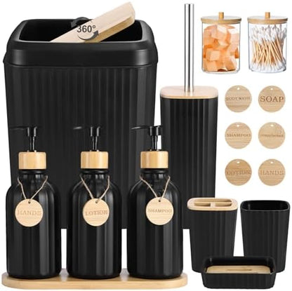 XLHOMO Black Bathroom Accessories Set 17PCS Bathroom Set with 3PCS Soap Dispenser Bathroom Accessory Set Black Trash Can for Bathroom Decor