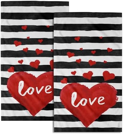 Red Love Heart Hand Towel Set of 2 for Kitchen Bathroom,Black White Stripe Valentine's Day Absorbent Towel Fingertip Face Towels 14x28 Holiday Wedding Anniversary Decor