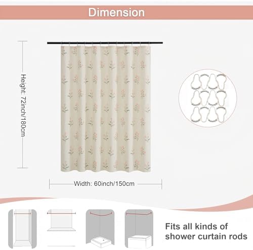 ORTIGIA Linen Shower Curtain 60 W x 72 L Farmhouse Vintage Pink Green Floral Shower Curtains Boho Rustic Block Print Cottagecore Decor for Bathroom